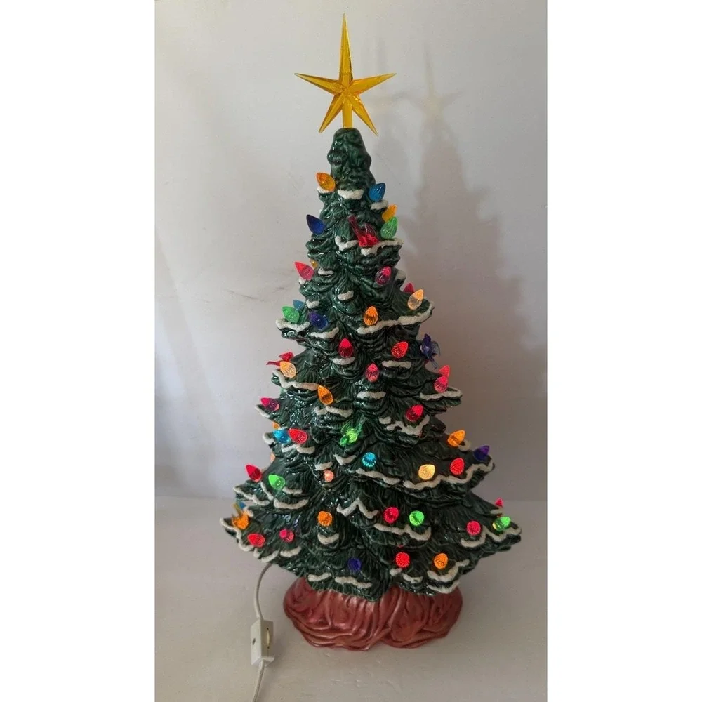 Vintage 1987 Lighted Ceramic Christmas Tree Snow Flocked Multi Color Bird Bulbs